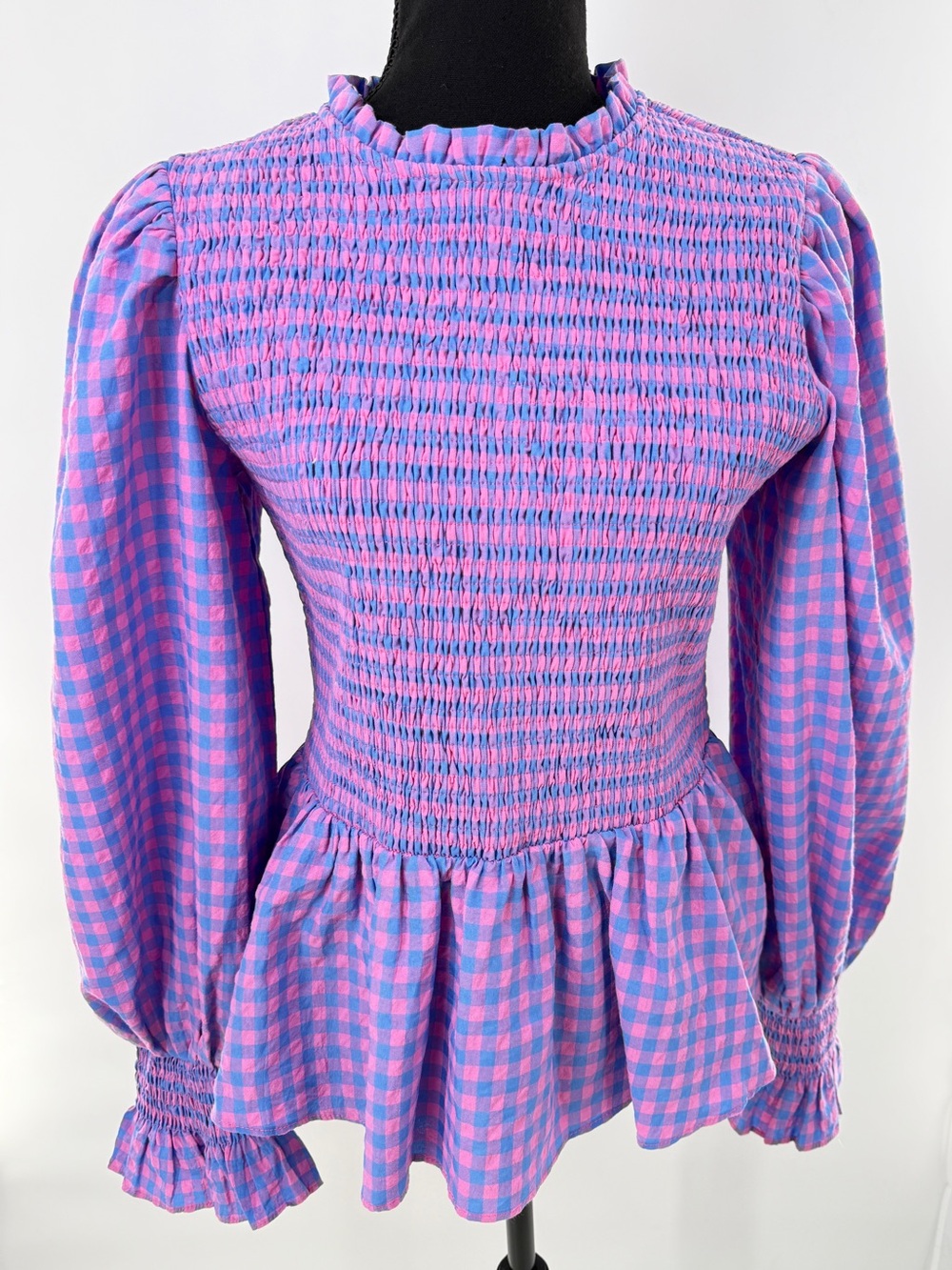 Hyacinth House Ruby Blouse Gingham Smocked Peplum Ruffle Blouse Blue Pink Size M - Picture 15 of 16